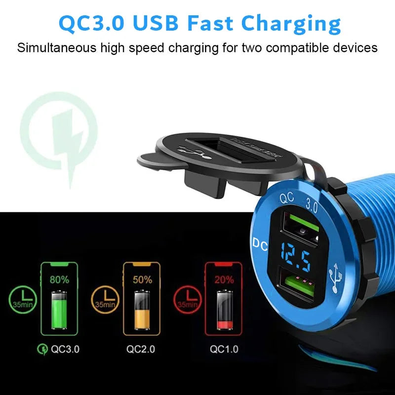 Quick Charge 3.0 USB Charger Socket Power 12V/24V USB Car Outlet with LED Digital Voltmeter for Marine Boat Motorcycle Truck