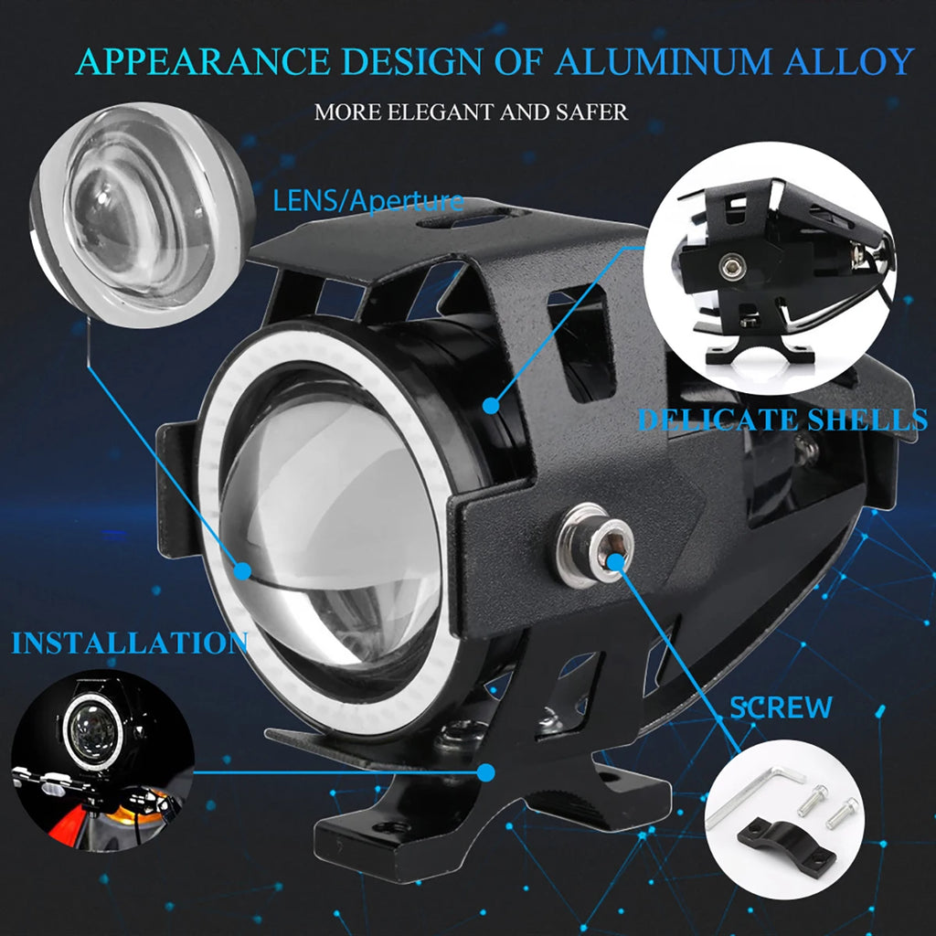 125W LED Auxiliary Motorcycle Headlight Universal 1200LM Angel Eyes U7 Mini Motorcycle Spotlights Bicycle Lamp Accessories