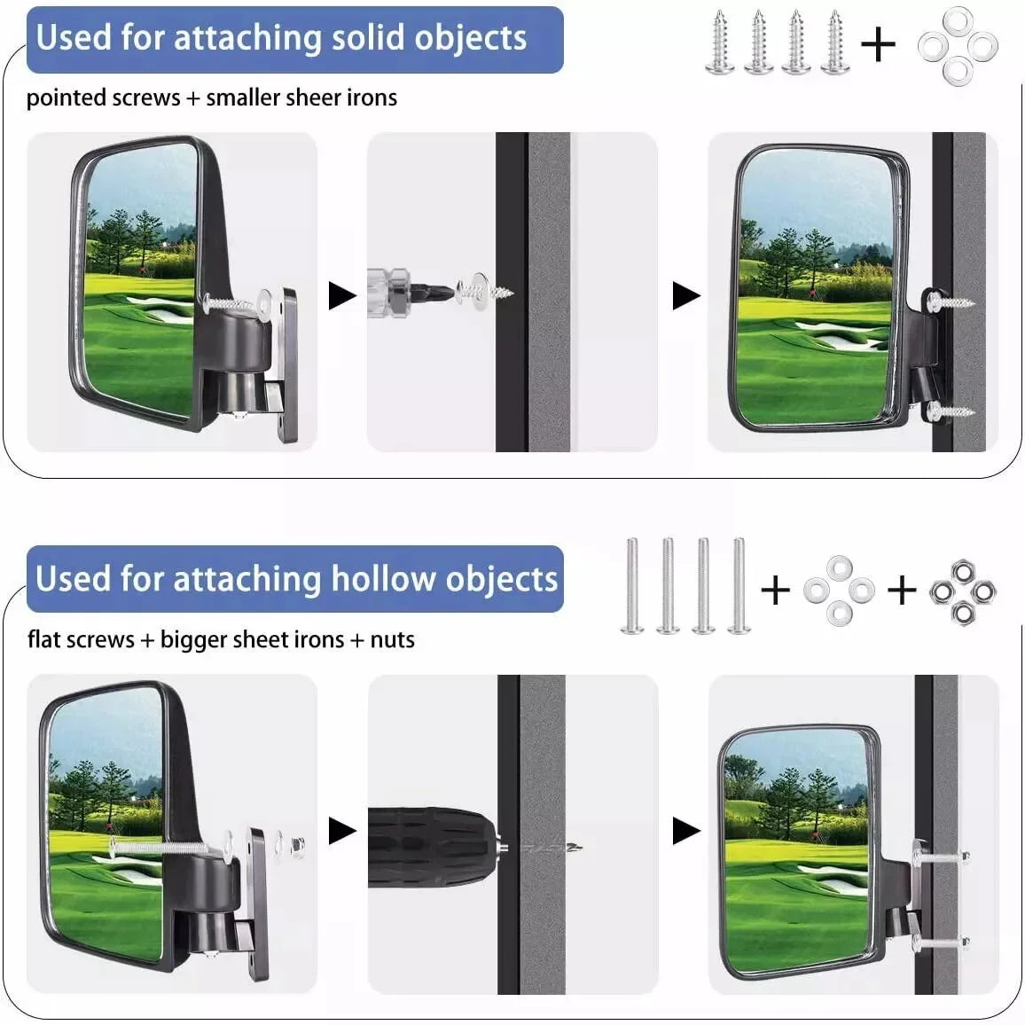 Golf Cart Side Mirrors, Universal Rear View Mirror for 0.75"-1.25" Square Rail, Folding Design Compatible with EZGO, Club Car