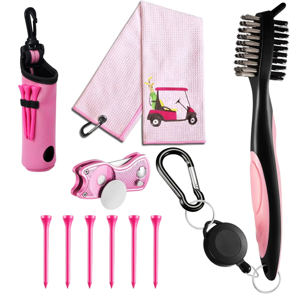 10 Pcs Golf Accessories Kit, Include Golf Ball Bag with Hook Towel Tees Magnetic Ball Marker Divot Tool Cleaner Brush for Women