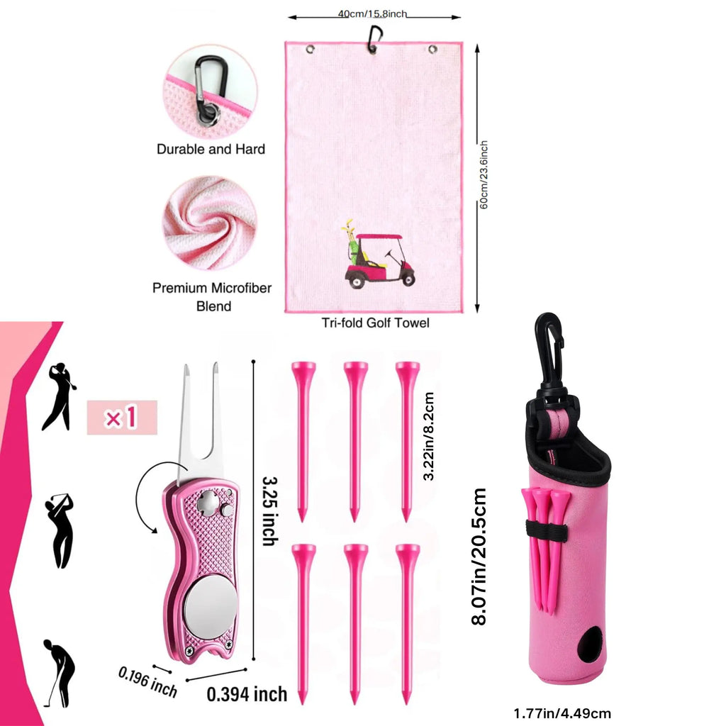 10 Pcs Golf Accessories Kit, Include Golf Ball Bag with Hook Towel Tees Magnetic Ball Marker Divot Tool Cleaner Brush for Women