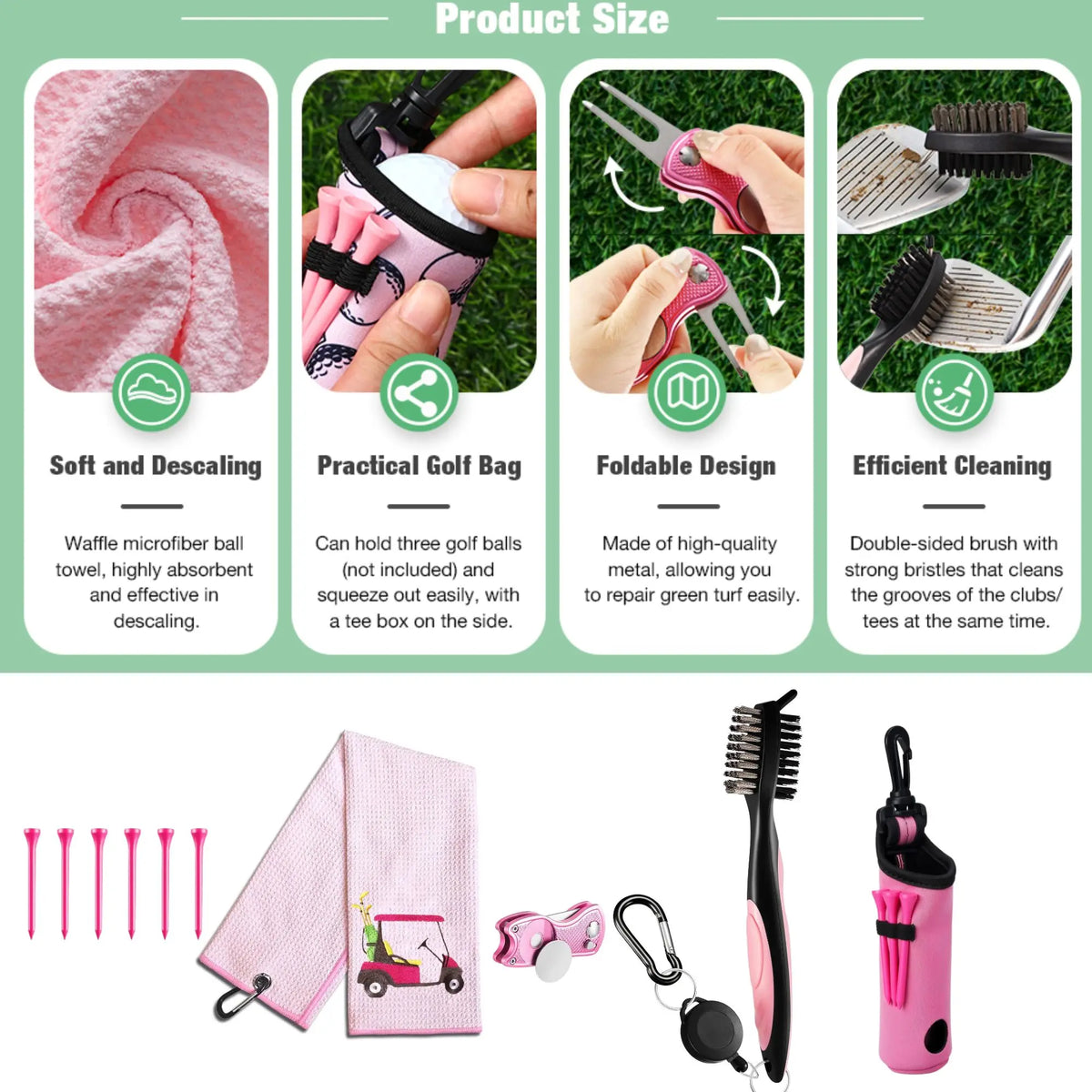 10 Pcs Golf Accessories Kit, Include Golf Ball Bag with Hook Towel Tees Magnetic Ball Marker Divot Tool Cleaner Brush for Women