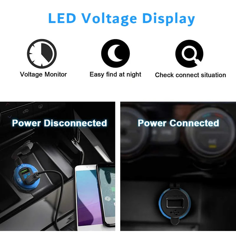 Quick Charge 3.0 USB Charger Socket Power 12V/24V USB Car Outlet with LED Digital Voltmeter for Marine Boat Motorcycle Truck