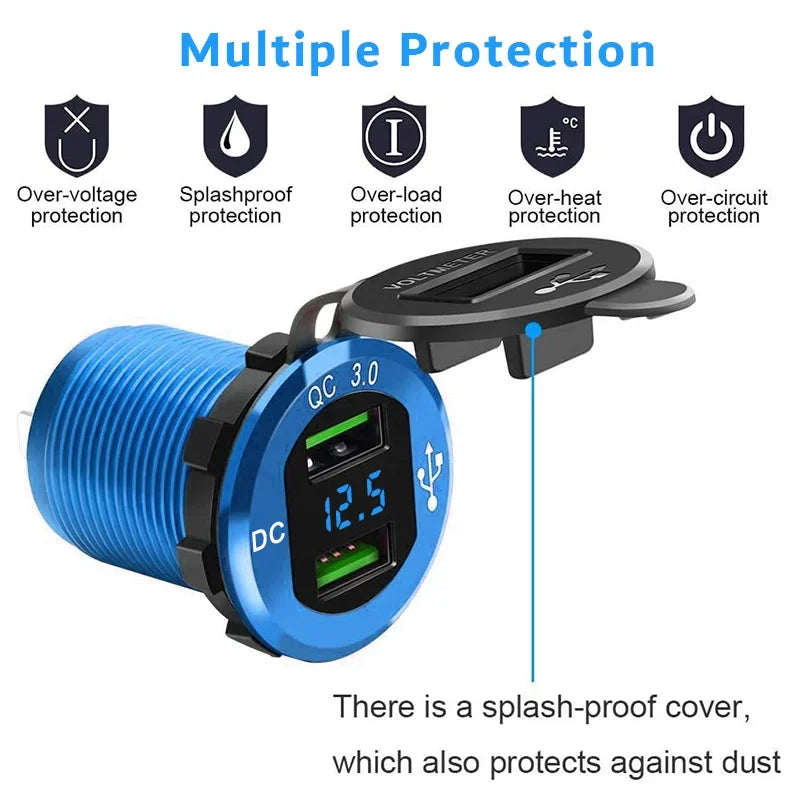 Quick Charge 3.0 USB Charger Socket Power 12V/24V USB Car Outlet with LED Digital Voltmeter for Marine Boat Motorcycle Truck