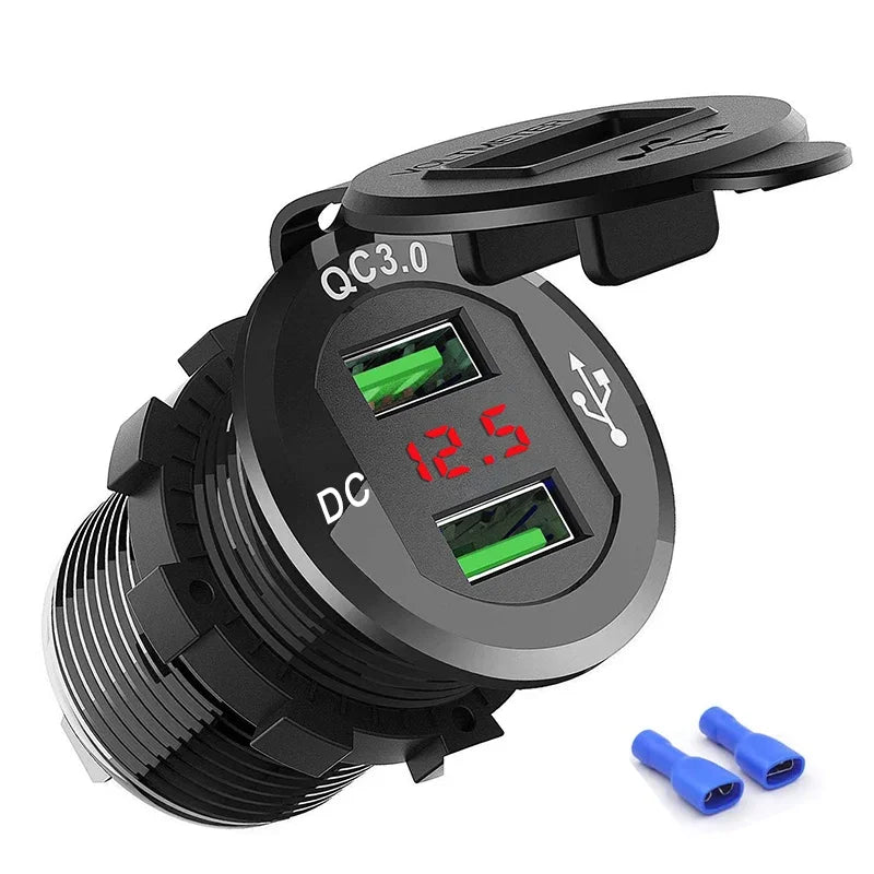 Quick Charge 3.0 USB Charger Socket Power 12V/24V USB Car Outlet with LED Digital Voltmeter for Marine Boat Motorcycle Truck