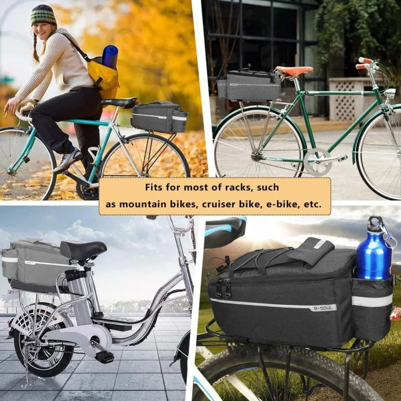 Bike Rack Bag, Bicycle Rear Rack Storage Luggage, 8L Insulated Trunk Bag, Waterproof with Reflective Stripes (Black)