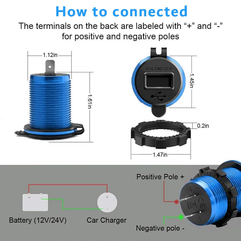 Quick Charge 3.0 USB Charger Socket Power 12V/24V USB Car Outlet with LED Digital Voltmeter for Marine Boat Motorcycle Truck