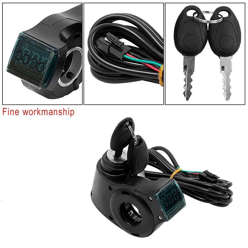 E-bike Power Switch Lock Power Display Thumb Throttle With Key 12V-99V Electric Scooter Handlebar Ignition Switch Key Power Lock