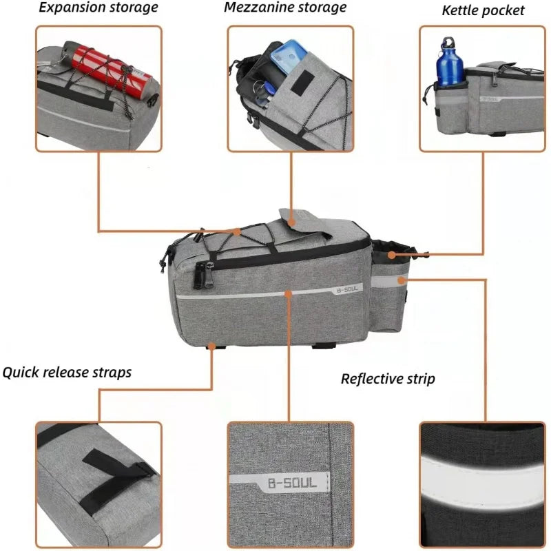 Bike Rack Bag, Bicycle Rear Rack Storage Luggage, 8L Insulated Trunk Bag, Waterproof with Reflective Stripes (Black)